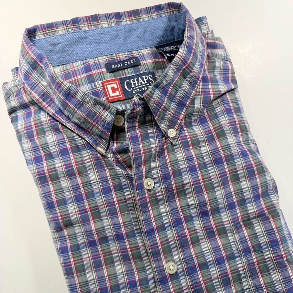 Chaps‎ Easy Care Plaid Button Down Blue Green Red Preppy Oxford Shirt Mens XL